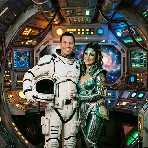 A smiling couple dressed as an astronaut and a glamorous alien posing together inside a futuristic spaceship cockpit. The man wears a detailed white spacesuit and holds his helmet under his arm. The woman wears a shiny metallic green and silver bodysuit with green makeup, styled hair, and antenna headbands. The background features glowing control panels and a large window showing a starry galaxy.