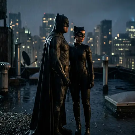 A couple dressed in highly detailed, realistic Batman and Catwoman costumes standing together on a wet city rooftop at night. The man wears a dark, textured Batman armor suit complete with a cowl and a long black cape. The woman wears a sleek black tactical leather suit with a mask, goggles, and subtle cat ears. Behind them is a moody, rain-slicked city skyline illuminated by glowing city lights.
