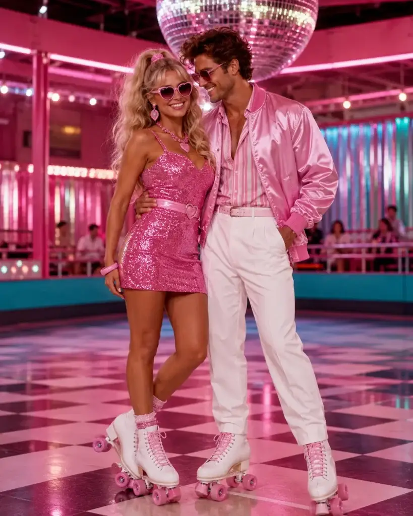 A smiling couple dressed as retro Barbie and Ken in vibrant pink outfits, heart-shaped sunglasses, and white roller skates, standing together in a neon pink roller disco.