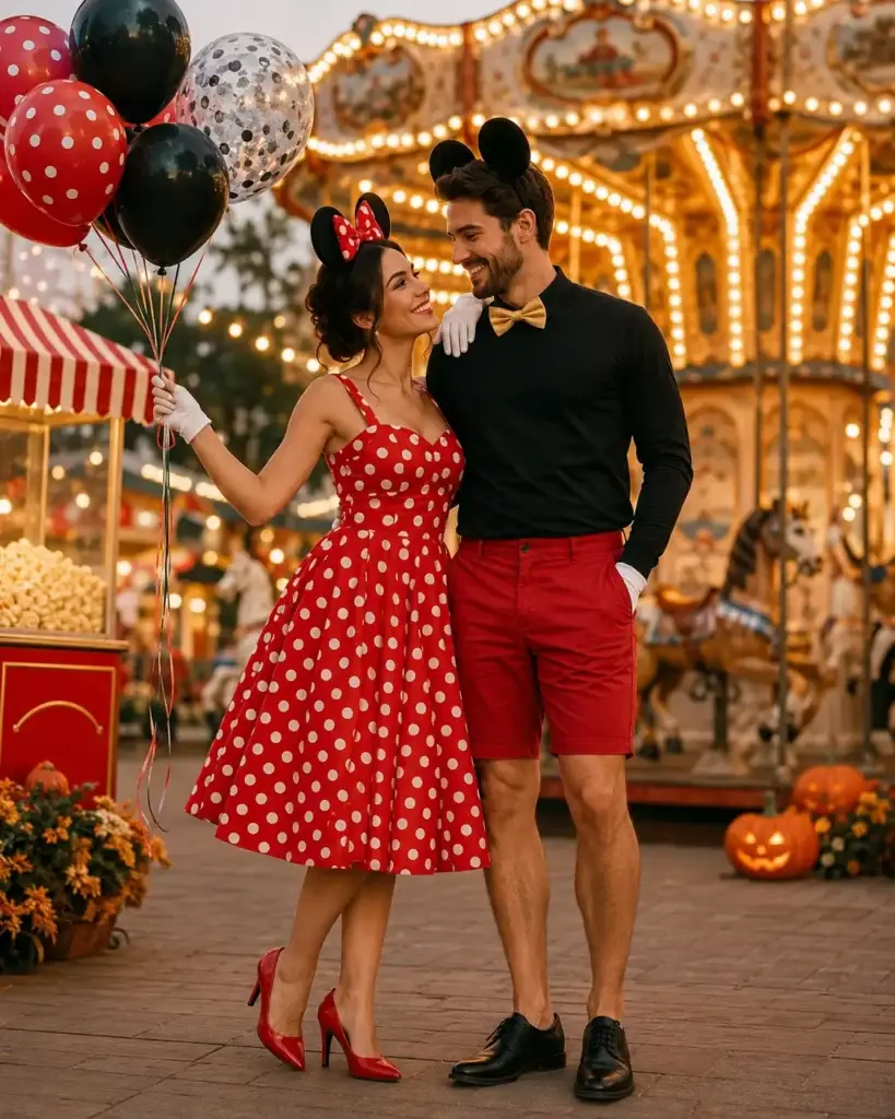 A romantic couple dressed in vintage-inspired Mickey and Minnie Mouse costumes standing in front of a brightly lit carousel. The woman wears a red and white polka dot dress and mouse ears while holding balloons, and the man wears a black shirt, red shorts, a yellow bowtie, and mouse ears, with Halloween pumpkins on the ground nearby.