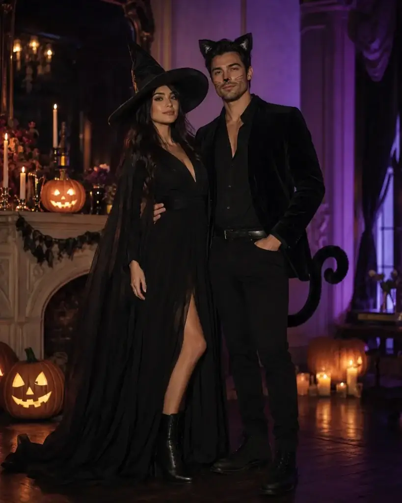 A posing couple dressed in a classic witch and black cat theme for Halloween, standing in a dimly lit, atmospheric room with a decorated fireplace. The woman wears a long, flowy black dress, a pointed witch's hat, and boots. The man wears an all-black outfit, cat ears, painted cat whiskers, and a tail. Behind them, there are multiple glowing jack-o'-lanterns, lit candles, and purple ambient lighting.