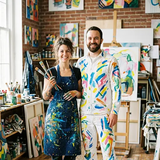 A smiling couple posing together in a bright, rustic art studio, dressed as a painter and a canvas. The woman is wearing a dark, heavily paint-splattered denim apron and holding multiple paintbrushes. The man is wearing a white button-down shirt and white pants covered in vibrant, abstract strokes of colorful paint. The background features exposed brick walls, wooden easels, canvases, and various art supplies.