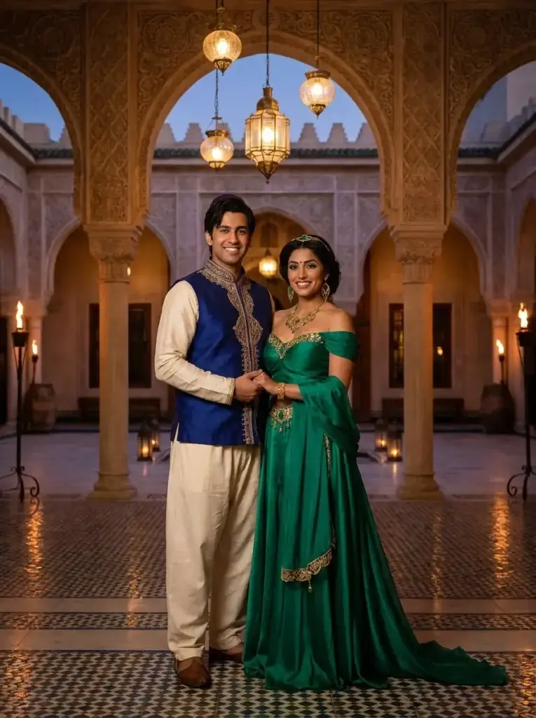 A smiling couple dressed in elegant Aladdin and Princess Jasmine costumes, featuring a royal blue and gold embroidered vest and a stunning emerald green gown, standing in a beautiful Moroccan-style courtyard with arches, tiled floors, and glowing hanging lanterns.