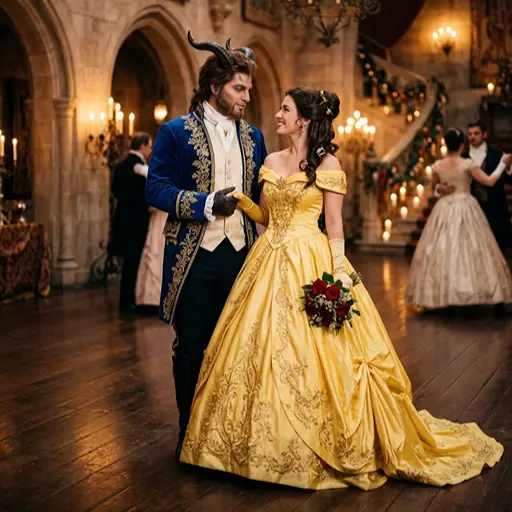 A romantic couple dressed in elegant Beauty and the Beast costumes standing in a grand candlelit ballroom. The woman wears a highly detailed yellow princess ballgown holding red roses, and the man wears a royal blue tailcoat with gold embroidery and subtle beast horns.
