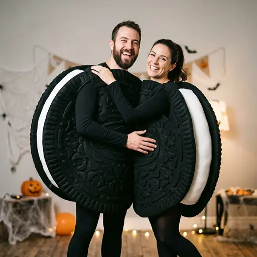 A laughing couple hugging while wearing matching halves of an Oreo cookie costume. They are wearing black long-sleeved shirts and pants underneath the large black and white cookie props, standing in an indoor room decorated for a Halloween party with cobwebs, string lights, and pumpkins.