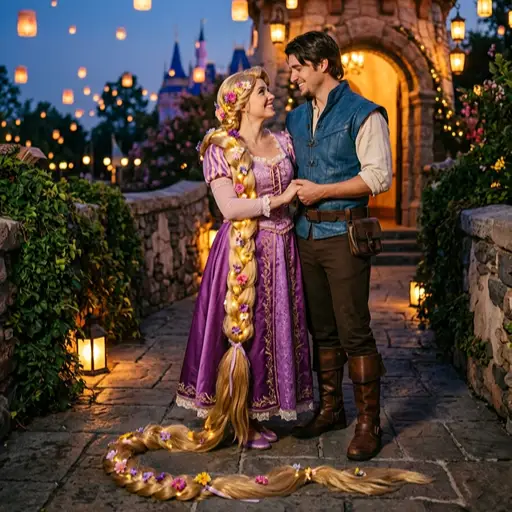 A smiling couple dressed as Rapunzel and Flynn Rider from Tangled, holding hands on a cobblestone path. The woman wears a purple dress with very long, glowing blonde hair adorned with flowers, while the man wears a blue vest and brown boots, with magical floating lanterns in the twilight sky behind them.