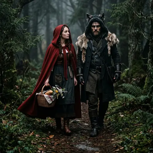 A couple walking on a dark, misty forest path dressed as Little Red Riding Hood and the Big Bad Wolf. The woman wears a vibrant red cloak over a rustic dress and carries a woven basket with bread and flowers. The man wears rugged, dark clothing with a fur pelt and a wolf-eared hood.