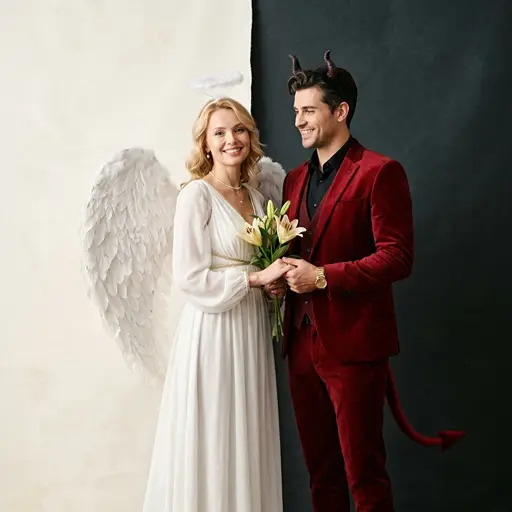 A smiling couple holding hands dressed as an angel and a devil, standing against a split white and black background. The woman wears a flowing white dress, large feathered wings, and a halo while holding lilies, and the man wears a stylish red velvet suit with devil horns and a pointed tail.