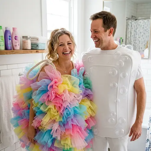 A laughing couple standing in a bright, modern white bathroom wearing funny bath-themed Halloween costumes. The woman is dressed as a giant, colorful ruffled bath loofah with a rope strap, and the man is dressed as a white bar of soap covered in clear plastic bubbles.