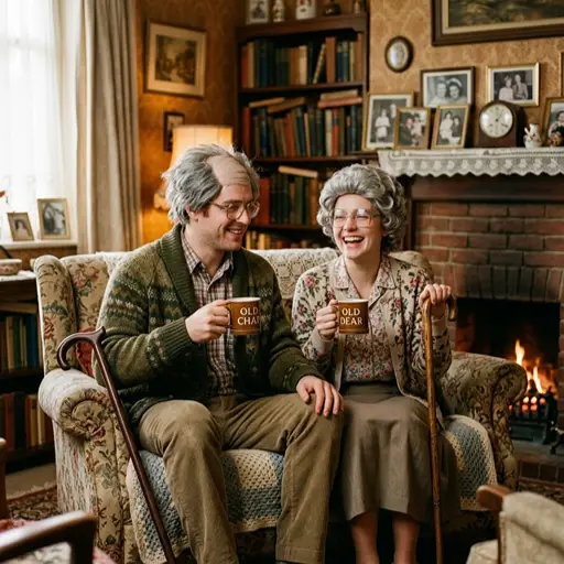A young laughing couple dressed in funny elderly people costumes, sitting on a floral armchair in a cozy, vintage living room with a lit fireplace. The man wears a balding grey wig, glasses, and a green cardigan, holding an "OLD CHAP" mug. The woman wears a curly grey wig, glasses, and a floral blouse, holding a walking cane and an "OLD DEAR" mug.