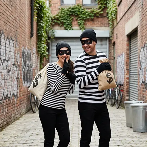 A smiling couple dressed in classic bank robber costumes standing in a brick urban alleyway. They are wearing black and white striped shirts, black beanies, black pants, and black eye masks. The woman is making a playful "shh" gesture with her finger, and both are holding canvas money bags with large dollar signs printed on them.