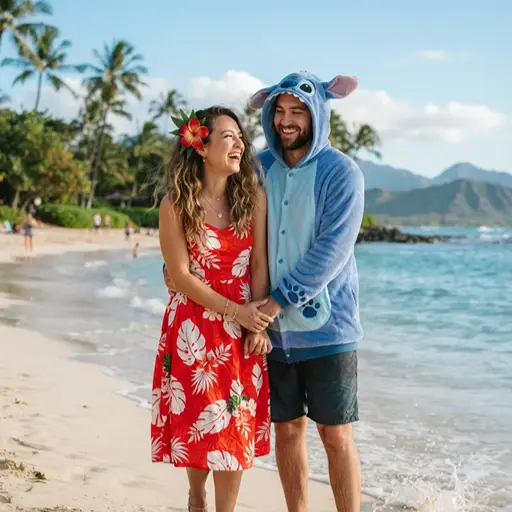 A happy couple walking on a sunny tropical beach dressed as Lilo and Stitch. The woman wears a red dress with a white leaf pattern and a flower in her hair, while the man wears a blue Stitch onesie hoodie.