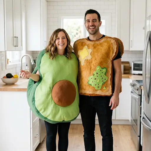 A laughing couple standing in a bright, modern white kitchen wearing funny food-themed Halloween costumes. The woman is dressed as a large green avocado half with a brown pit, and the man is dressed as a slice of toast with butter and green avocado spread on it.