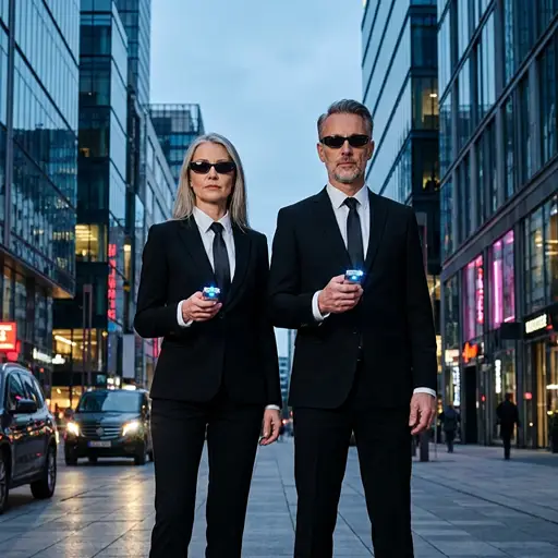 A serious-looking mature couple standing on a modern city street at dusk, dressed as Men in Black agents. Both are wearing sharp black suits, crisp white shirts, black ties, and dark sunglasses. They are each holding up a silver neuralyzer device with a bright blue light flashing from the tip.