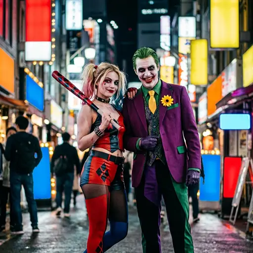 A smiling couple dressed in detailed Harley Quinn and Joker comic book villain costumes, standing on a bustling, neon-lit Asian street at night. The Harley Quinn carries a baseball bat and wears her red and black outfit; the Joker wears his classic purple and green suit with a yellow flower boutonnière.