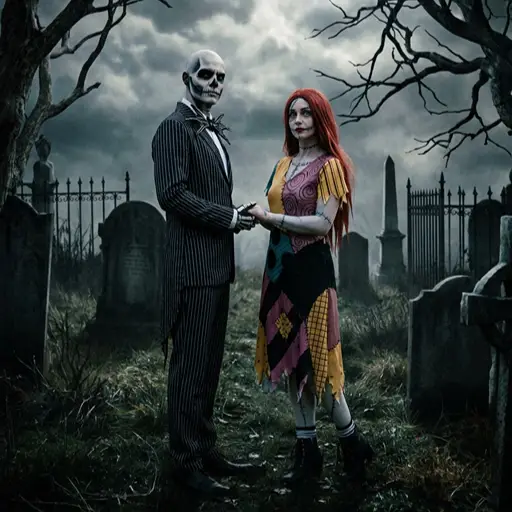 A couple holding hands in a spooky, atmospheric graveyard dressed as Jack Skellington and Sally from The Nightmare Before Christmas. The man wears skull makeup, a black pinstripe suit, and a bat bowtie. The woman has long red hair, stitch makeup on her face and arms, and wears a colorful patchwork dress. The background features dark tombstones, bare branches, and a moody, overcast sky.