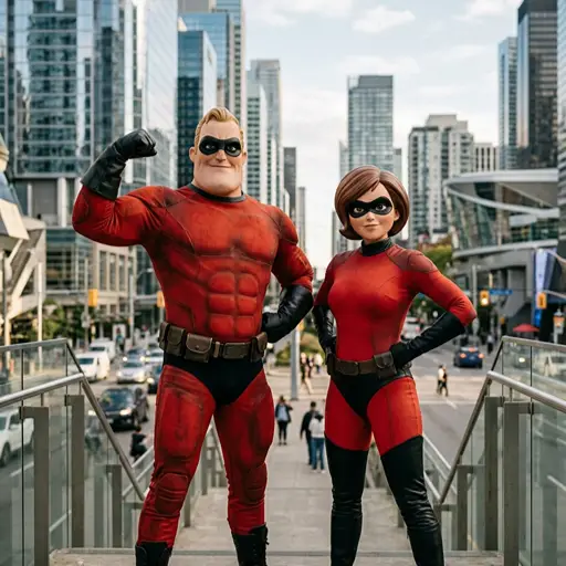 A couple dressed in realistic superhero costumes resembling Mr. Incredible and Elastigirl, posing on an outdoor city staircase. The muscular man is flexing one arm, wearing a red supersuit with black gloves, black boots, a black utility belt, and a black eye mask. The woman stands beside him with her hands on her hips in a matching red and black suit. A modern urban skyline with tall glass buildings and street traffic is visible in the background.