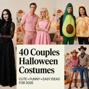 A collage of four different couples Halloween costumes featuring a gothic black dress, a retro pink outfit, an avocado and toast pair, and a western cowboy theme, alongside text reading 40 Couples Halloween Costumes Ideas for 2026.