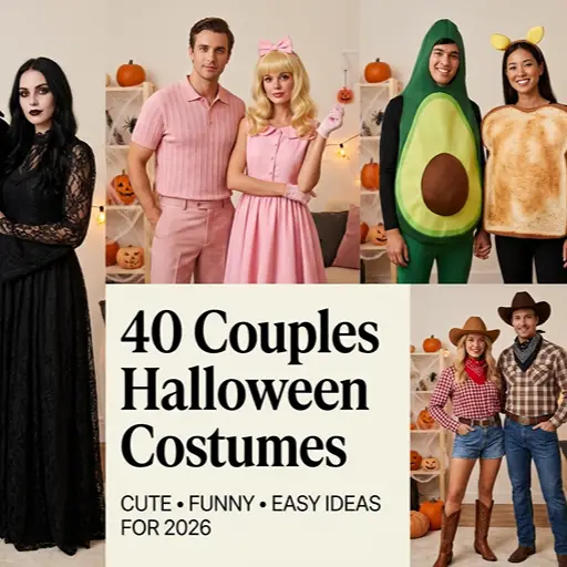 A collage of four different couples Halloween costumes featuring a gothic black dress, a retro pink outfit, an avocado and toast pair, and a western cowboy theme, alongside text reading 40 Couples Halloween Costumes Ideas for 2026.