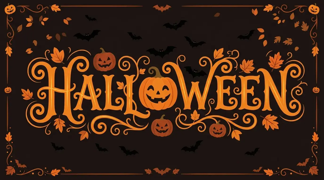 Stylized orange Halloween typography where a smiling jack-o'-lantern replaces the letter O, surrounded by flying black bats, autumn leaves, and small pumpkins on a dark background.