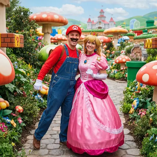 A smiling couple dressed as Super Mario and Princess Peach, posing on a cobblestone path surrounded by giant mushrooms, green warp pipes, and a castle in a colorful video game theme park setting.