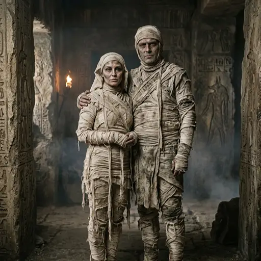 A serious-looking couple dressed as scary mummies standing in a foggy, ancient Egyptian tomb. They are completely wrapped in distressed, dirty linen bandages with dark, sunken makeup around their eyes. The stone walls behind them are carved with ancient hieroglyphics and lit by a flickering torch.