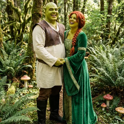 A happy couple dressed in Shrek and Princess Fiona Halloween costumes, holding hands and smiling in a lush green forest with ferns and red mushrooms.