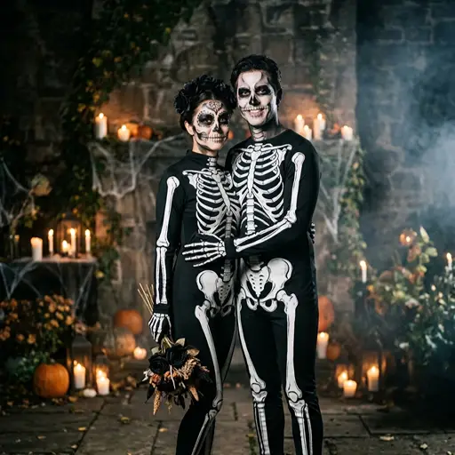 A smiling couple wearing matching black full-body suits with white skeleton bones and intricate Day of the Dead sugar skull face makeup. They are posing together in a dark, moody setting featuring an old stone wall decorated with glowing candles, cobwebs, and pumpkins. The woman is holding a dark, gothic bouquet of dried flowers and black roses.