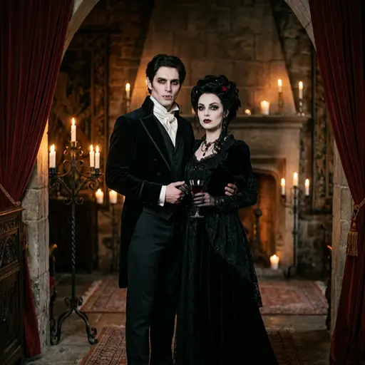 A pale couple dressed as elegant gothic vampires standing in a candlelit stone castle room framed by red velvet curtains. The man wears a black Victorian-style suit with a white cravat and visible fangs, while the woman wears a dark gothic lace gown and holds a glass of red liquid.
