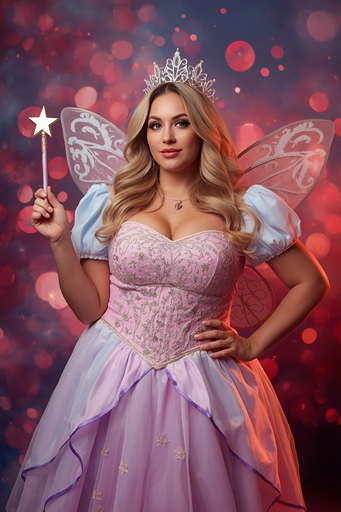 Plus-size fairy princess Halloween costume idea for women featuring butterfly wings, a pink and purple fantasy dress, crown, magic wand, and elegant curvy woman style, perfect for cute plus-size Halloween costumes.