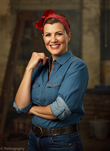 Retro Rosie the Riveter Halloween costume for women over 50 with denim outfit and red bandana