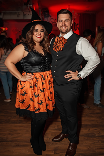 A smiling plus-size woman in a witch costume with an orange pumpkin skirt stands next to a man in a black vest with an orange ruffled ascot at a dimly lit Halloween party.