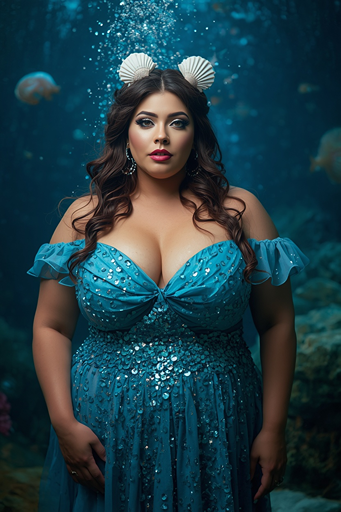 Plus-size woman in a stunning turquoise off-the-shoulder mermaid-style dress with sequined scales and shell headpiece, posing against an underwater background
