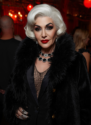 Elegant vampire Halloween costume for women over 50 with black gothic outfit, fur coat and dramatic makeup