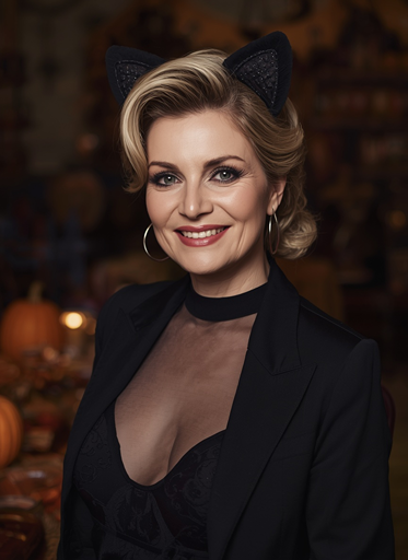 Black cat Halloween costume for women over 50 with elegant black outfit and cute cat ear accessories