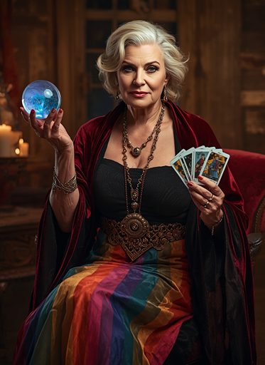 Mystical fortune teller Halloween costume for women over 50 with crystal ball, tarot cards and elegant gothic style