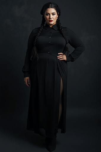 Full-body portrait of a confident plus-size woman with dark pigtail braids, red lipstick, and a black headwrap, wearing a black maxi shirt dress with a slit, posing with a hand on her hip against a dark background