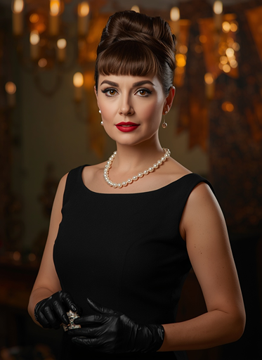 Elegant vintage Halloween costume for women over 50 with black dress, pearls and classic glamour style