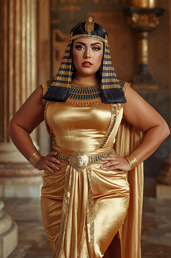 Beautiful plus-size woman wearing a Cleopatra Halloween costume with a golden Egyptian queen dress, royal headpiece, jewelry, and elegant makeup for a glamorous Halloween look.