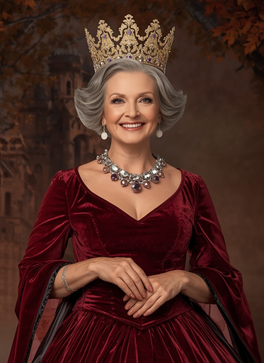 Royal queen Halloween costume for women over 50 with burgundy velvet dress and gold crown