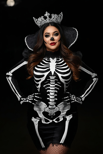 Beautiful plus-size woman wearing a skeleton Halloween costume with a black and white skeleton design, crown, gothic makeup, and a spooky stylish look.