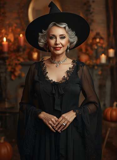 Elegant witch Halloween costume for women over 50 with black dress and classic spooky style