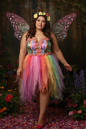 Plus-size fairy Halloween costume idea for women featuring colorful butterfly wings, rainbow fantasy dress, flower crown, and confident curvy woman style, perfect for cute plus-size Halloween costumes.