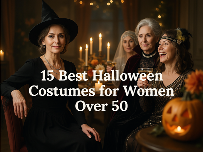 Halloween costumes for women over 50 featuring elegant witch, vintage and spooky party outfit ideas