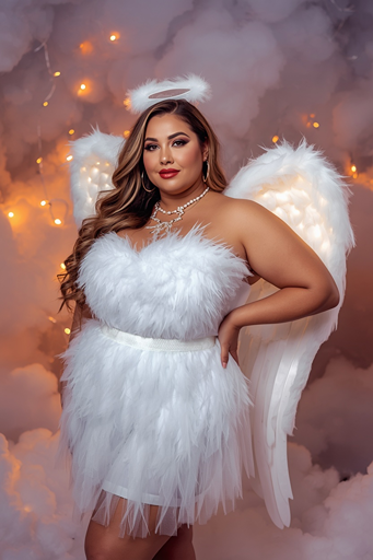 Beautiful plus-size woman wearing a white angel Halloween costume with fluffy wings, halo, feather dress, and elegant makeup for a glamorous Halloween look.