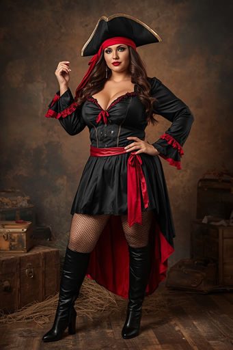 Plus-size pirate Halloween costume idea for women featuring a black and red pirate queen dress, pirate hat, boots, and confident curvy woman style, perfect for unique plus-size Halloween costumes.
