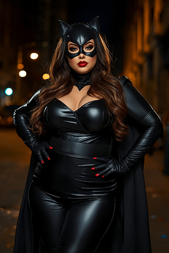 Plus-size Catwoman Halloween costume idea for women featuring a black leather superhero outfit, cat mask, cape, and confident curvy woman style, perfect for unique plus-size Halloween costumes.