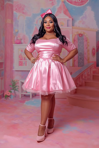 Plus-size Barbie Halloween costume idea for women featuring a pink satin dress, bow accessory, and confident curvy woman style, perfect for cute plus-size Halloween costumes.