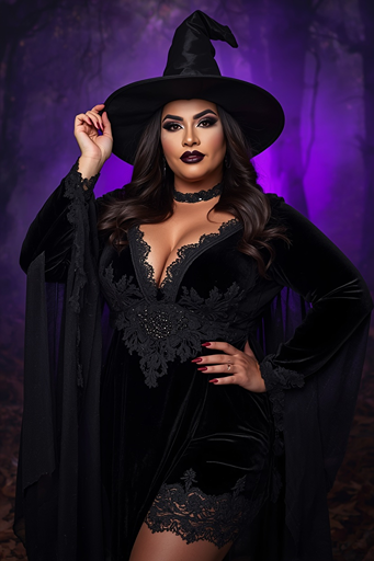 Beautiful plus-size woman wearing a black witch Halloween costume with a stylish witch hat, gothic dress, and dramatic makeup for a glamorous spooky look.