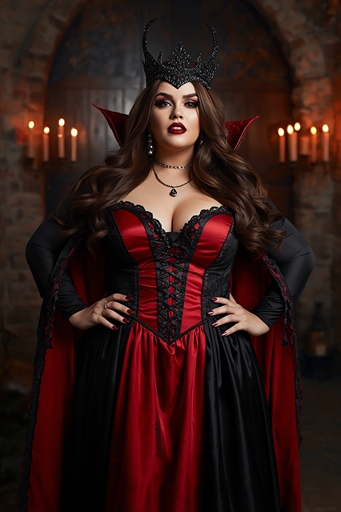 Beautiful plus-size woman wearing a glamorous vampire Halloween costume with a red and black gothic dress, vampire crown, dark makeup, and elegant spooky style.